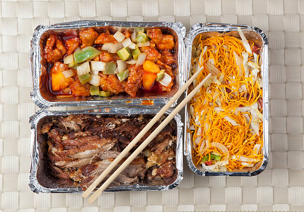 Take away food Oriental food take away boxes shot from above chinese takeout stock pictures, royalty-free photos & images