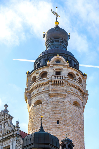 Neuer Rathausturm - the main tower of Leipzig New Town Hall (Neues Rathaus) in City of Leipzig, Saxony, Germany. The tallest city hall tower in Germany (114.8 meters)