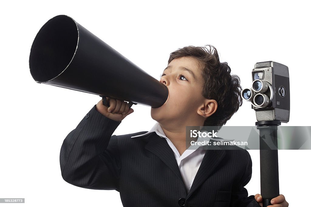 Little film director in action "Little film director directing film ,isolated on white" Child Stock Photo