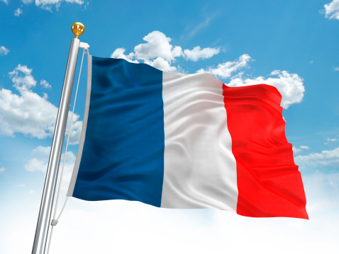 Waving France flag against cloudy sky. High resolution 3D render.