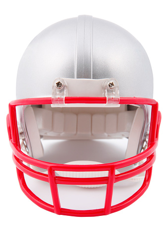 Blank white american football helmet mockup, side view, 3d rendering. Empty protective head-piece for soccer or baseball player mock up, isolated. Clear armor hat uniform for quarterback template.