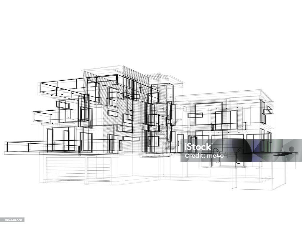 3d Sketch Modern House In Wire Frame Layout Side View Stock Photo ...