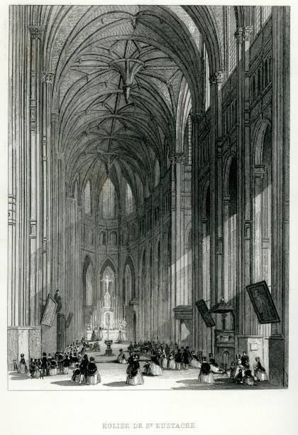 Church of Saint-Eustache, Paris "Vintage engraving from 1849 showing the interior of aglise Saint-Eustache, Paris. A church in the 1st arrondissement of Paris, built between 1532 and 1632." église saint eustache stock illustrations