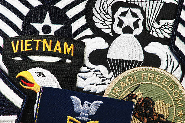 Various patches depicting the United States military ranks (Air Force and Navy) and action in Vietnam and Iraq. Good for Veterans Day and Memorial Day concepts.