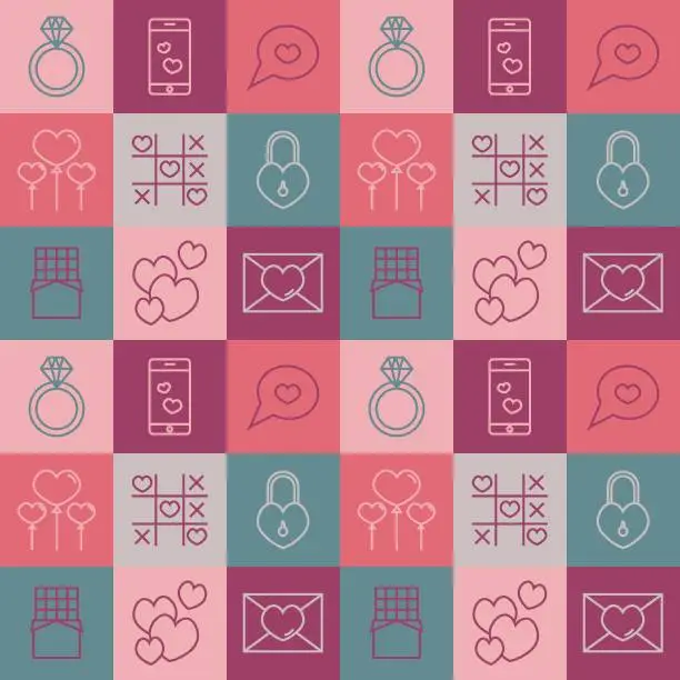 Vector illustration of Valentine's day checkered seamless pattern with icons for wallpaper,  stationary, wrapping paper, textile prints, packaging, etc.