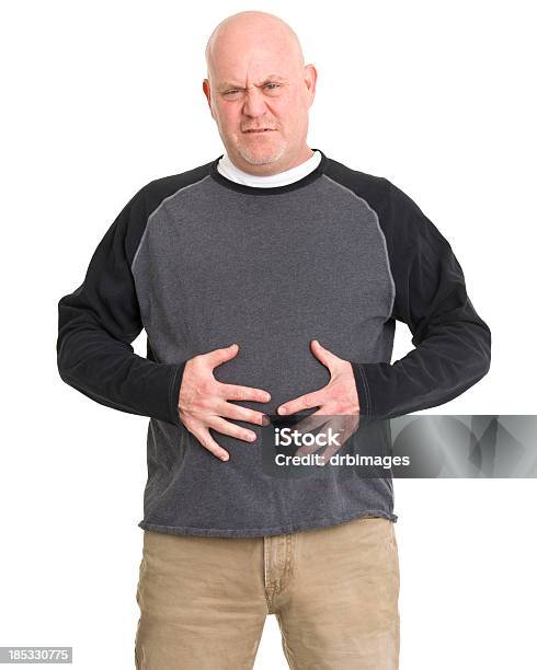 Man With Stomachache Stock Photo - Download Image Now - Hands On Stomach, Men, Overweight