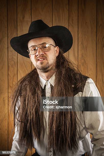Long Mullet Redneck Hick Cowboy Wood Panelling Stock Photo - Download Image Now - Humor, Cowboy, Mullet