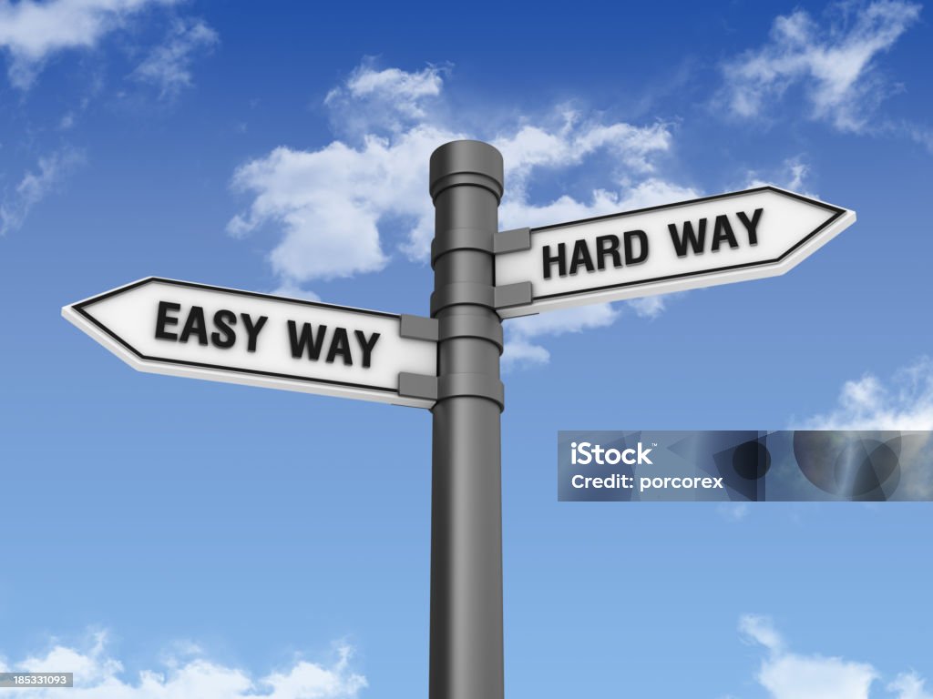 Directional Sign with EASY HARD WAY and Sky Street Stock Photo