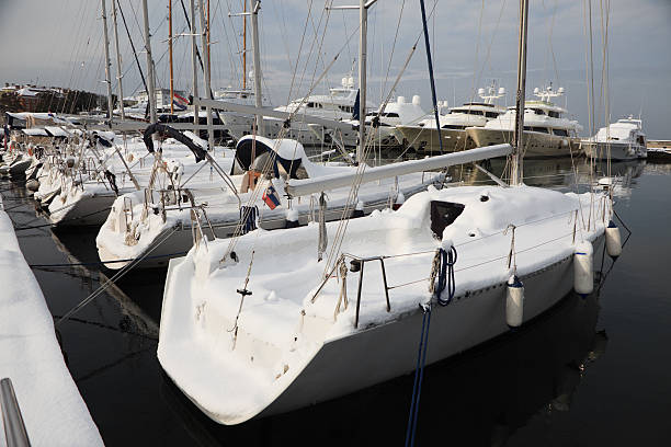 istock Yachts and boats under the snow 185331220
