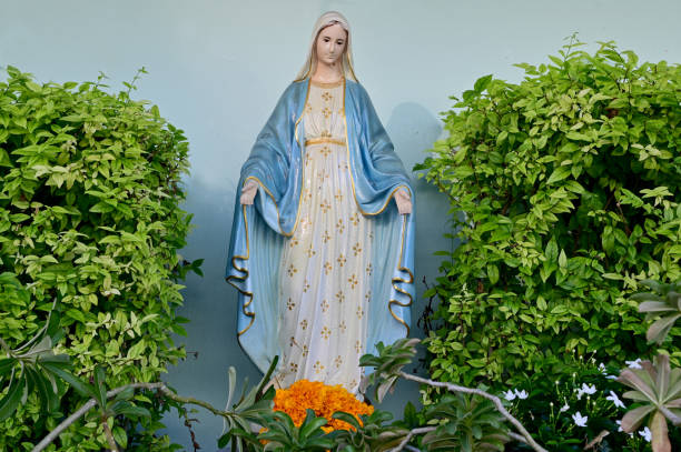 primo piano della bella statua di nostra signora della grazia vergine maria nella chiesa, thailandia. messa a fuoco selettiva. - open foto e immagini stock