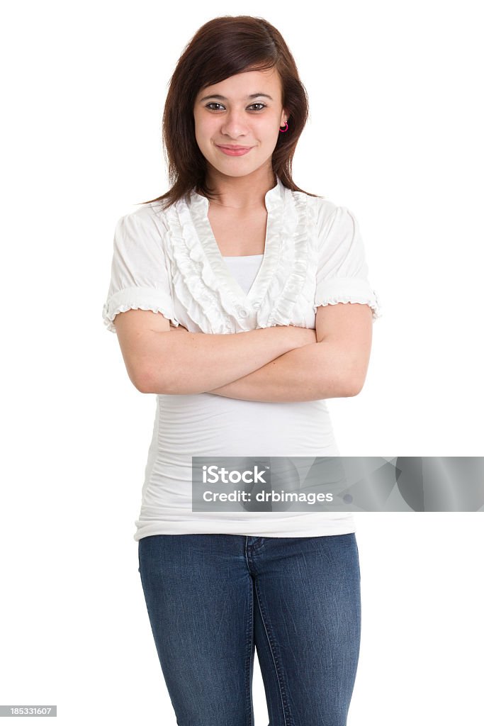 Smiling Teenage Girl With Crossed Arms Portrait of a teenage girl on a white background. http://s3.amazonaws.com/drbimages/m/dh.jpg 14-15 Years Stock Photo