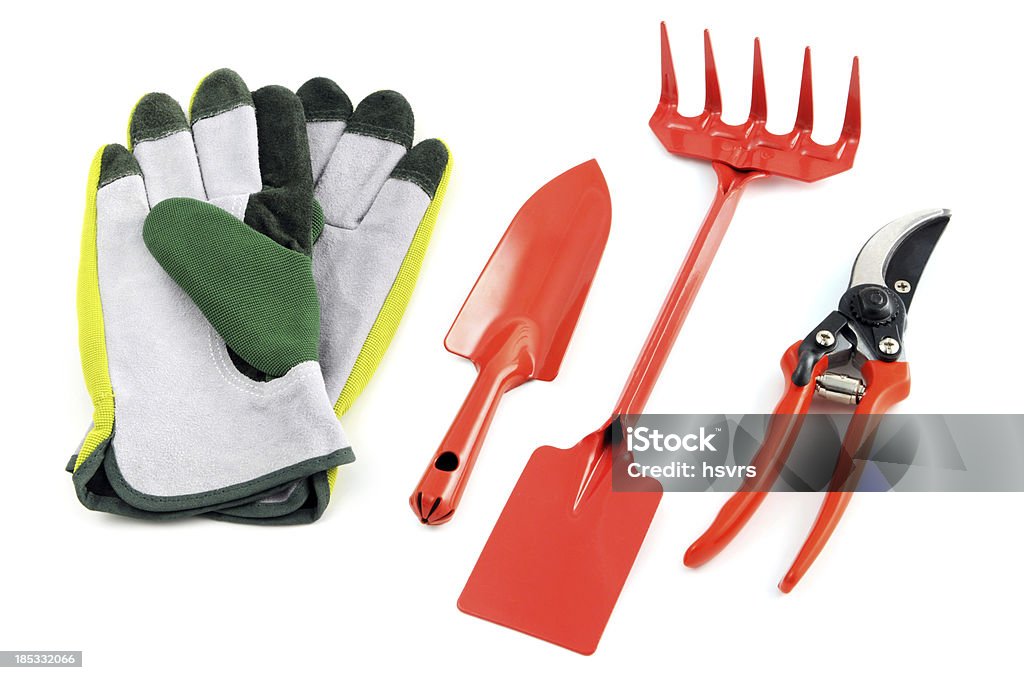 Grupo de tijeras de jardín pala y desvío guantes - Foto de stock de Abierto libre de derechos