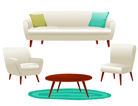 A Set Of Living Room Furniture: Sofa, Chairs And Coffee Table on a transparent background.