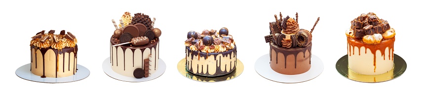 Extremely delicious group of chocolate cakes isolated on white background, png. With waffles, salted caramel, peanut butter, donuts