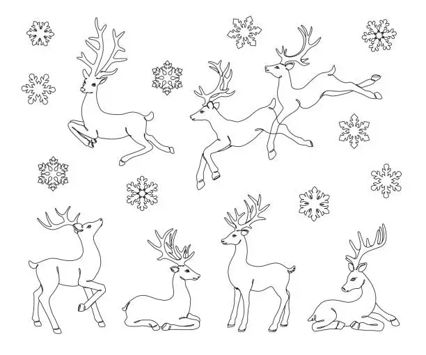 Vector illustration of Set of Santa's Reindeer. Continuous Line Drawing with Editable Stroke.