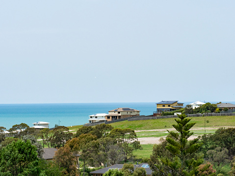 High angle view of houses in sea side town of Lakes Entrance Victoria
