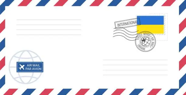 Vector illustration of Blank air mail envelope with Ukraine postage stamp. Postcard vector illustration with Ukrainian national flag isolated on white background.