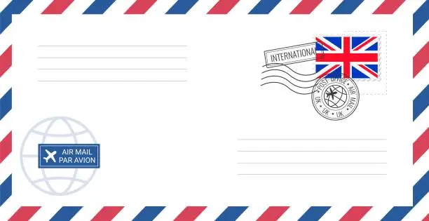 Vector illustration of Blank air mail envelope with UK postage stamp. Postcard vector illustration with British national flag isolated on white background.