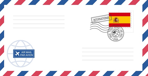 Blank air mail envelope with Spain postage stamp. Postcard vector illustration with Spanish national flag isolated on white background.