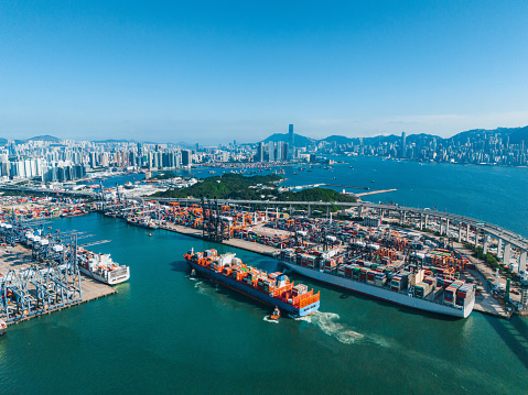 Container ship in import export and business logistic in Hong Kong