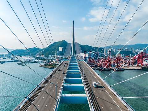 Aerial view of Stonecutters Bridge and the Tsing sha highway, Hong Kong