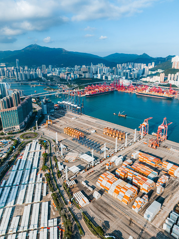 Aerial View of container ship terminal in Hong Kong, China Hong kong, China