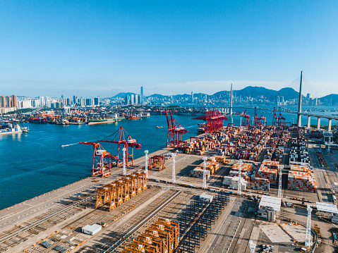 Aerial View of container ship terminal in Hong Kong, China Hong kong, China