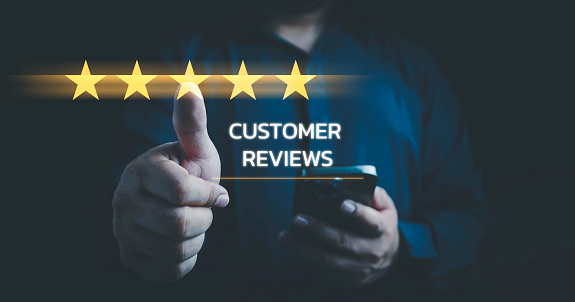 5 Star service, Customer evaluation feedback, men giving review Satisfaction Surveys. giving a five star rating. Service rating, satisfaction concept.