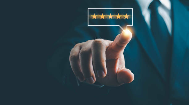 istock 5 Star service, Customer evaluation feedback, men giving review Satisfaction Surveys. giving a five star rating. Service rating, satisfaction concept. 1853427021
