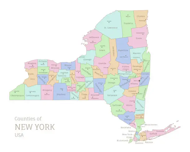 Vector illustration of Counties of New York federal state, administrative map of USA