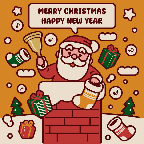 illustrazioni stock, clip art, cartoni animati e icone di tendenza di adorabile babbo natale con regali di natale che si arrampica su un camino suona una campana tintinnante e ti augura un buon natale e un felice anno nuovo - bell jingle christmas music