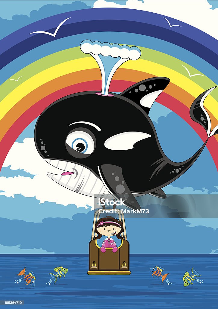 Fille dans des baleines en montgolfière - clipart vectoriel de Baleine libre de droits