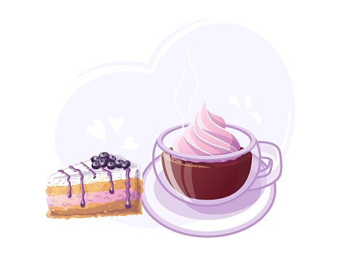Blueberry cake and mug of hot cocoa in cartoon style. Doodle. Vector illustration for poster, banner, website, advertisement. Vector illustration with colorful sweet dessert. Vector illustration