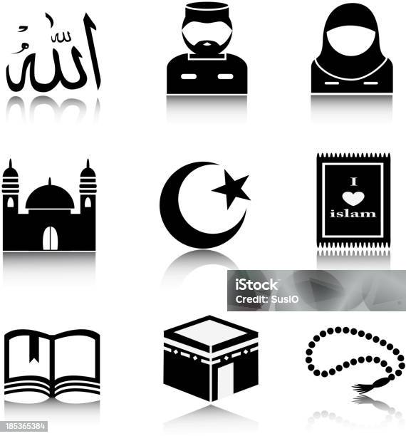 Set Di 9 Icone Su Bianco Nero Islam - Immagini vettoriali stock e altre immagini di Adulto - Adulto, Collanina votiva, Collezione