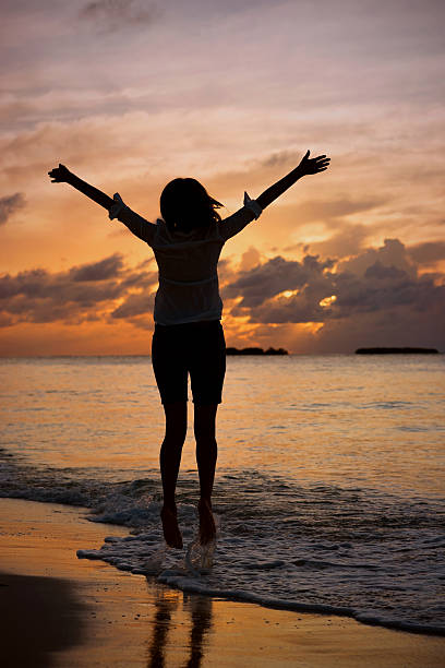 istock Silhouette of a girl at sunset 185365578
