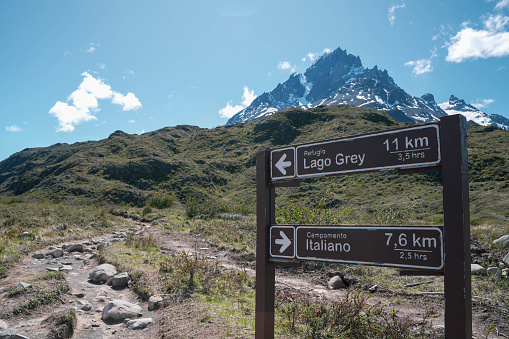 Hiking Trail Marker Sign in Torres del Paine National Park, Patagonia, Chile