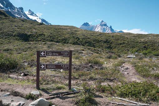 Hiking Trail Marker Sign in Torres del Paine National Park, Patagonia, Chile