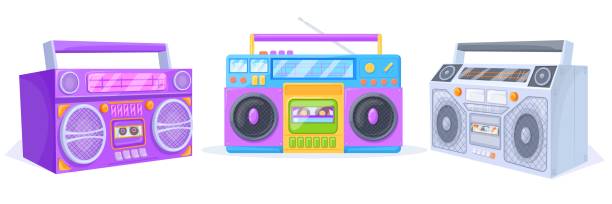 illustrazioni stock, clip art, cartoni animati e icone di tendenza di boombox. registratore stereo colorato per l'ascolto di musica radiofonica su cassetta a nastro, lettore portatile retrò cultura hip hop anni ottanta nel ghetto, boom box party anni '90 illustrazione vettoriale ordinata - 1980s style funky 1990s style boom box