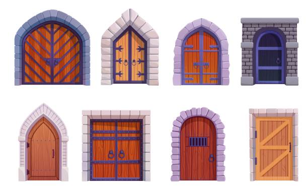 istock Medieval castle doors. Ancient palace gates or old building carpentry door, entry gate mystery cellar stone gothic house dungeon doorway entrance, 2d ingenious vector illustration 1853657795