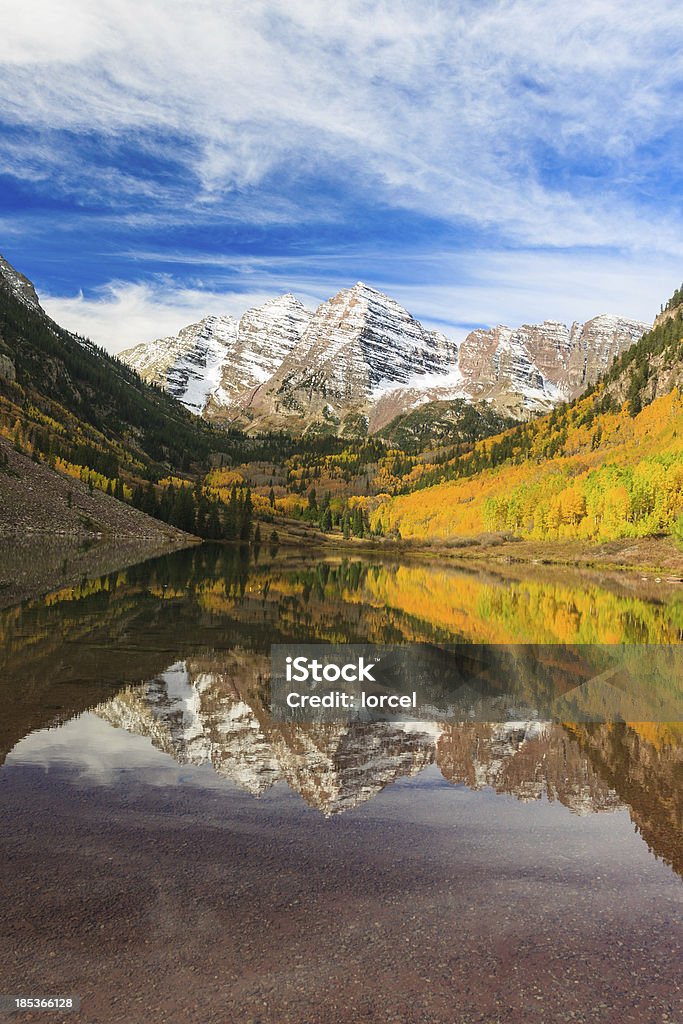 Maroon Bells Lake Reflection in Full Fall Color Aspen - Colorado Stock Photo