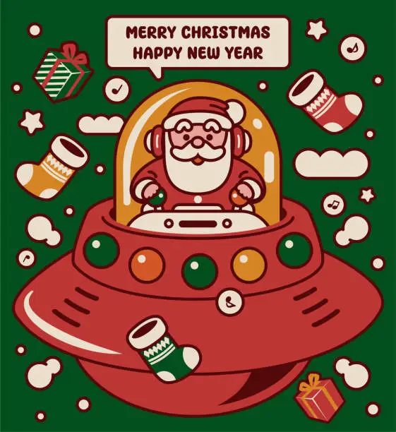 Vector illustration of Adorable Santa Claus wearing a headset is piloting a UFO or Unlimited Power Spaceship traveling around the world to wish you a Merry Christmas and a Happy New Year