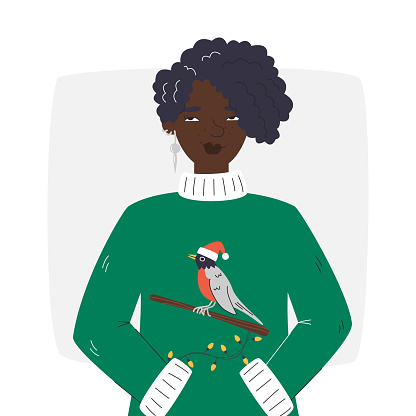 Nice ugly sweater with robin bird. Pensive female christmas character design. Cool african american girl portrait. Personage with afro haircut hand drawn flat vector illustration isolated on white