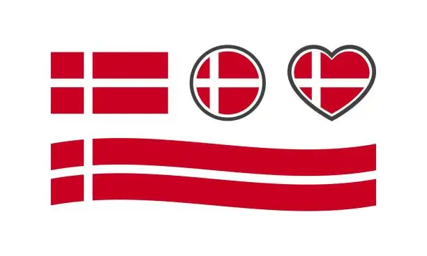 Vector illustration of National flag of Denmark. Flat, color, national flag of Denmark in the shape of a square, circle, heart. Denmark flag for design. Vector icons