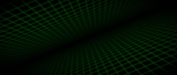 istock Glowing neon wireframe room background. Green grid room floor and ceiling in perspective. Bright retro futuristic wallpaper. Abstract checkered spinning landscape. Game horizon surface. Vector & Illustration 1853704256
