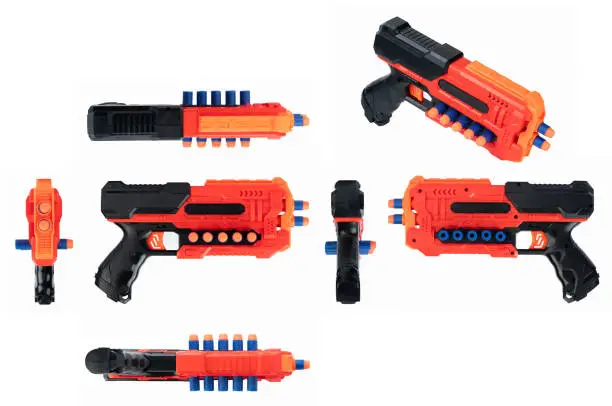 Different view of nerf blaster toy gun isolated on white studio background