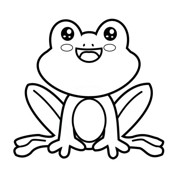 Cute frog vector in black and white Cute frog with smiling face coloring page for kids. cartoon of a frog black and white stock illustrations