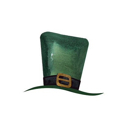 Green leprechaun top hat with gold buckle. Old fashioned hat. St.Patrick 's Day. Isolated watercolor illustration on white background. Clipart