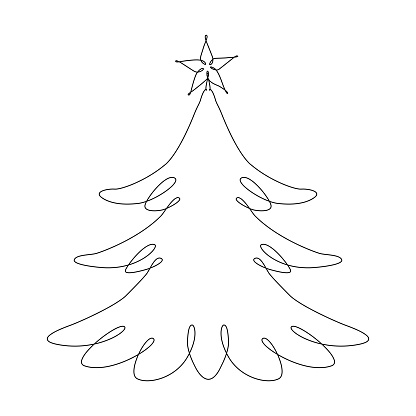 Christmas tree with star, continuous single line drawing with editable stroke for easy editing.