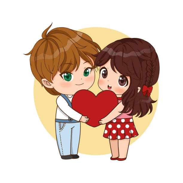 illustrations, cliparts, dessins animés et icônes de la saint-valentin avec un dessin animé de couple mignon amoureux, fille et garçon tenant un coeur rouge ensemble illustration vectorielle - love women little boys affectionate