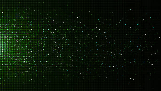 Abstract digital particle on black background. Futuristic led green light for data network connection technology, nanotechnology, artificial intelligence, global communication, computer graphic, digital art, digital background concept. partícula digital abstracta sobre fondo negro. luz verde led futurista para tecnología de conexión de red de datos, nanotecnología, inteligencia artificial, comunicación global, gráficos por computadora, arte digital, concepto de fondo digital.